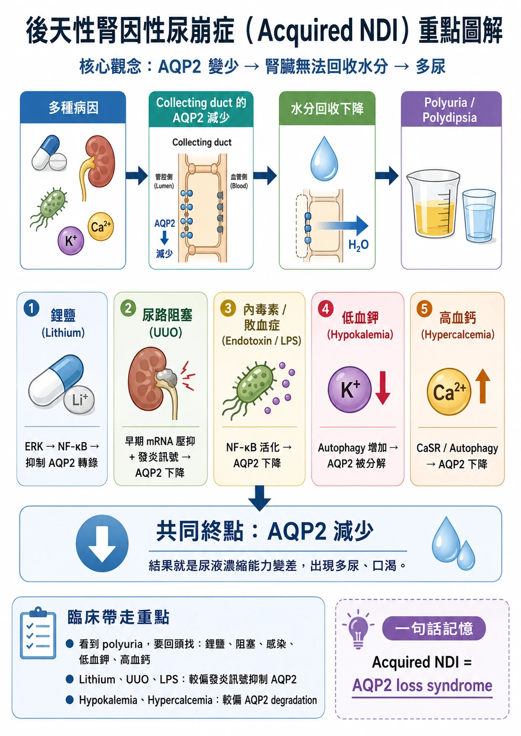 後天性腎因性尿崩症 Acquired NDI 重點圖解:lithium、尿路阻塞、內毒素、低血鉀、高血鈣五大病因,透過 NF-κB 抑制轉錄或 autophagy 降解,共同導致 collecting duct principal cell 的 AQP2 減少、尿液濃縮能力下降、多尿多渴