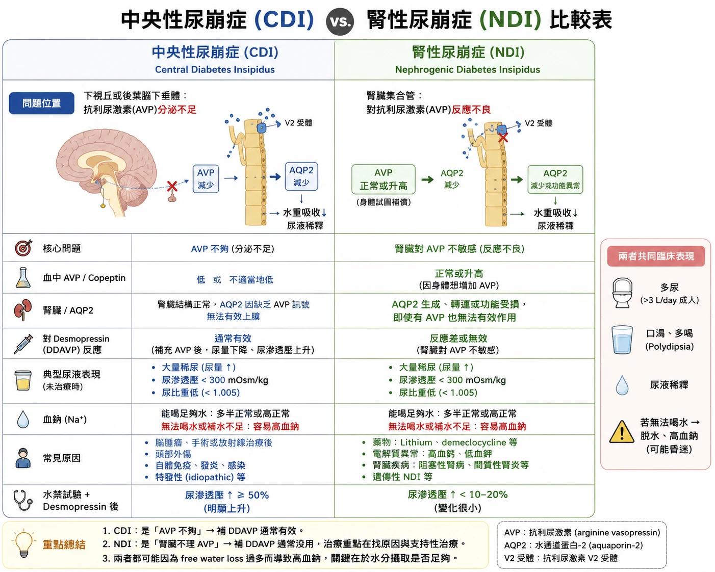 中央性尿崩症 CDI 與腎性尿崩症 NDI 比較表：CDI 問題在下視丘／後葉腦下垂體 AVP 分泌不足、NDI 問題在腎臟集合管對 AVP 反應不良；比較血中 AVP／copeptin、AQP2、對 desmopressin 反應、典型尿液表現、血鈉與常見原因，以及水禁試驗後尿滲透壓變化
